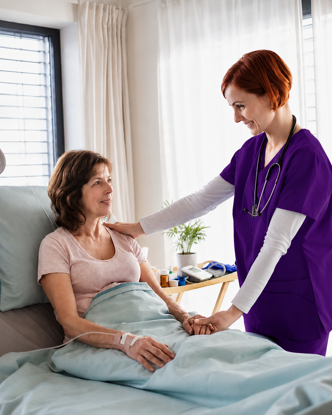 CMNS nurse in purple uniform caring for a patient at home