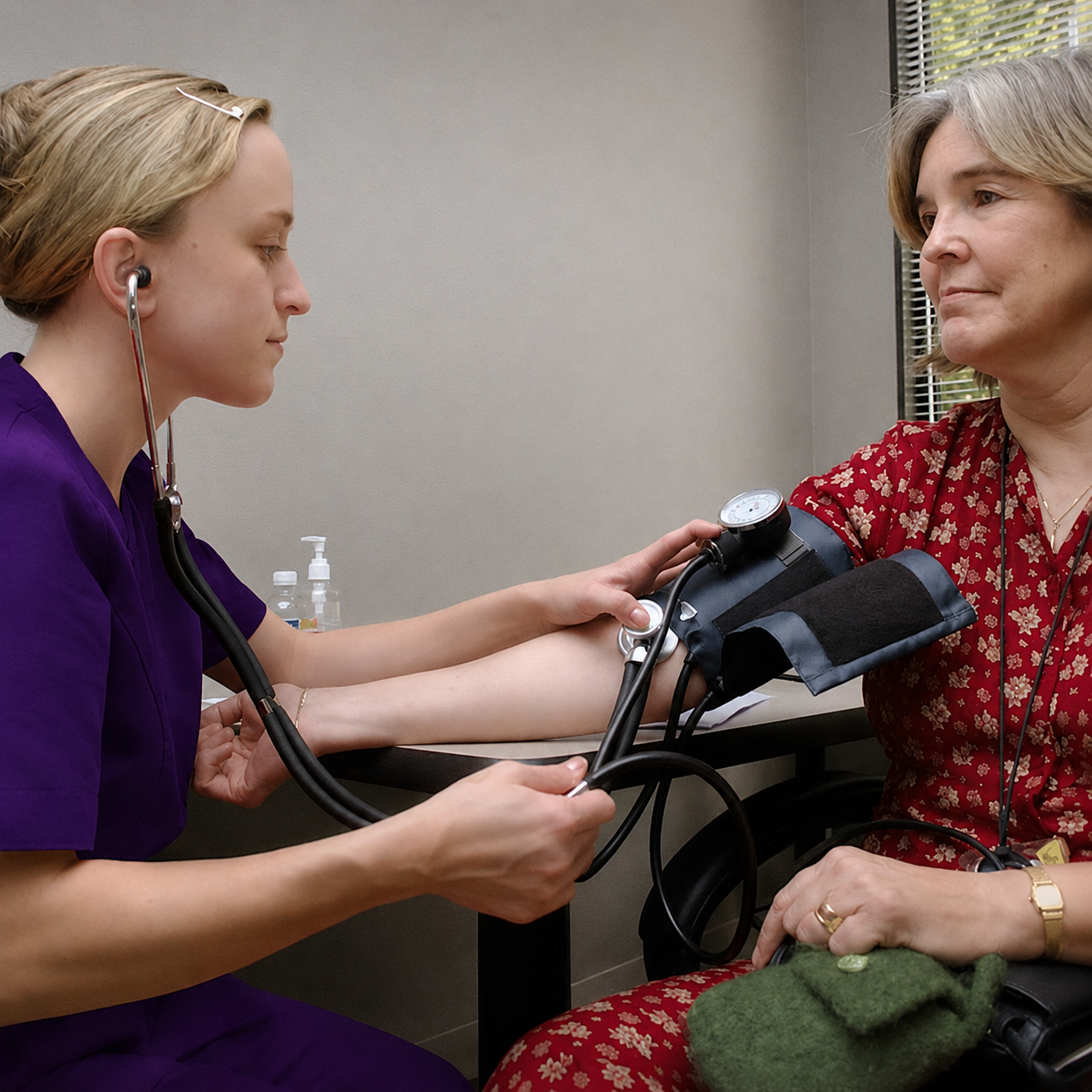 CMNS nurse in purple uniform taking a patient's blood pressure